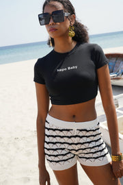 Openwork Knit Detail Black and White Shorts