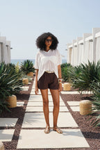 Pleated High Waist Brown Shorts