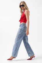 Double Hem High Waist Blue Jeans