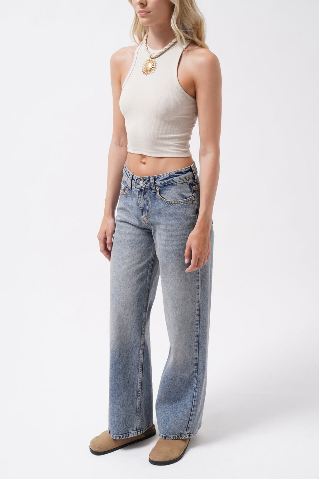 Wash Detail High Waist Blue Jeans