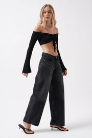 Wash Detail High Waist Black Jeans