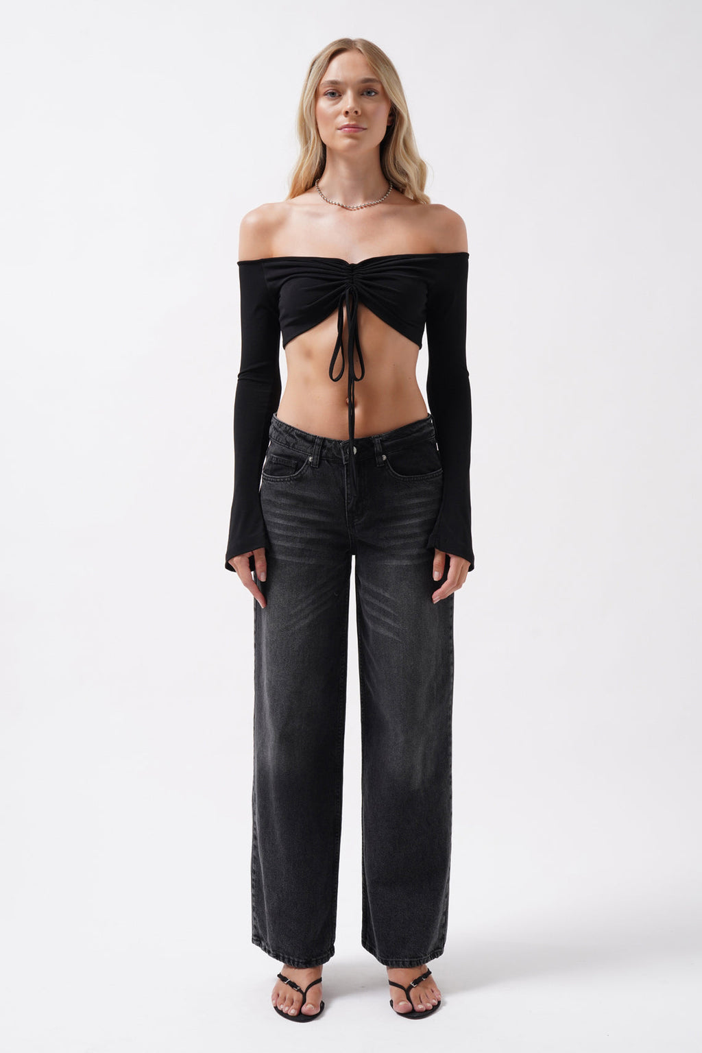 Wash Detail High Waist Black Jeans