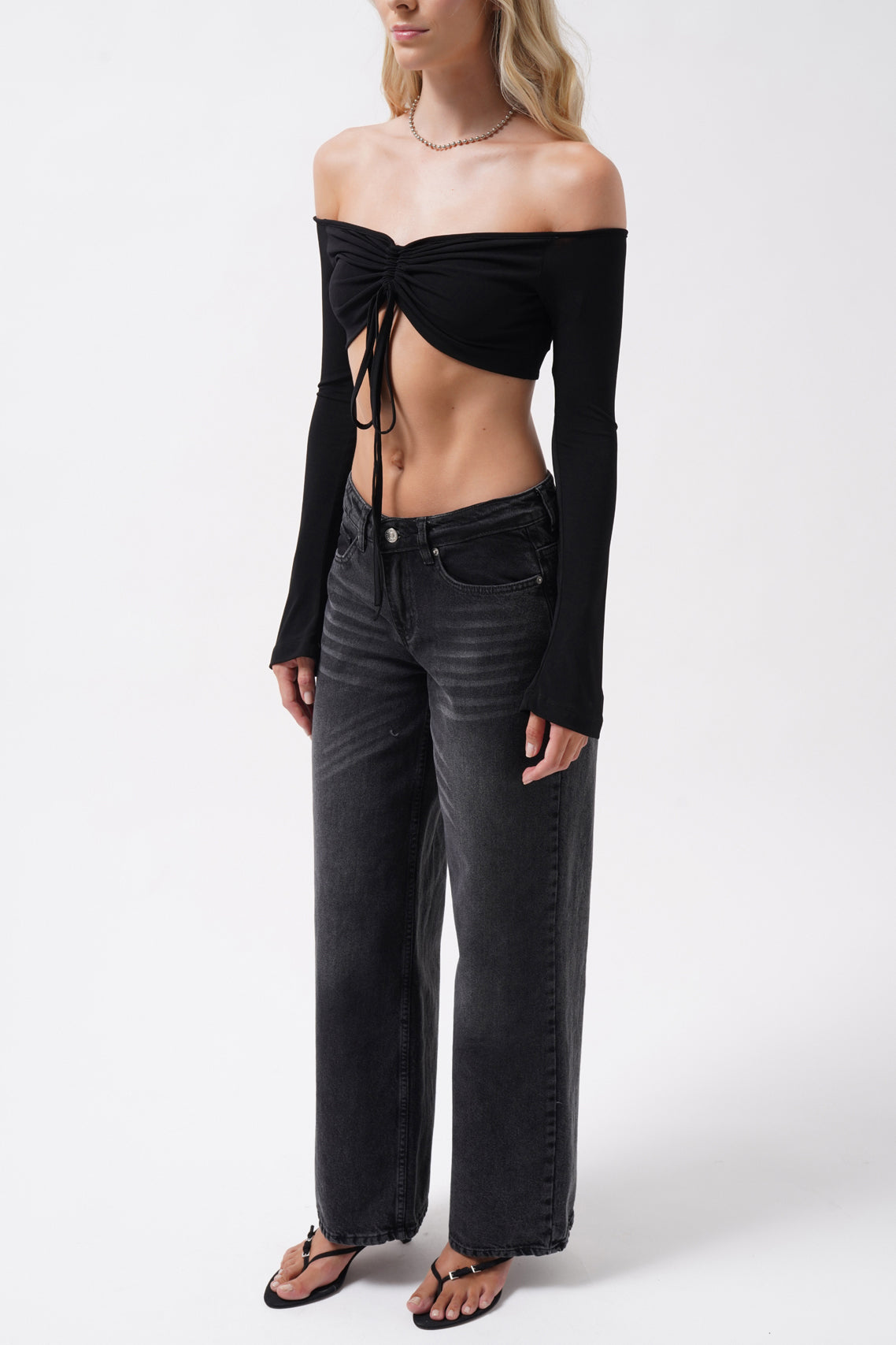Wash Detail High Waist Black Jeans