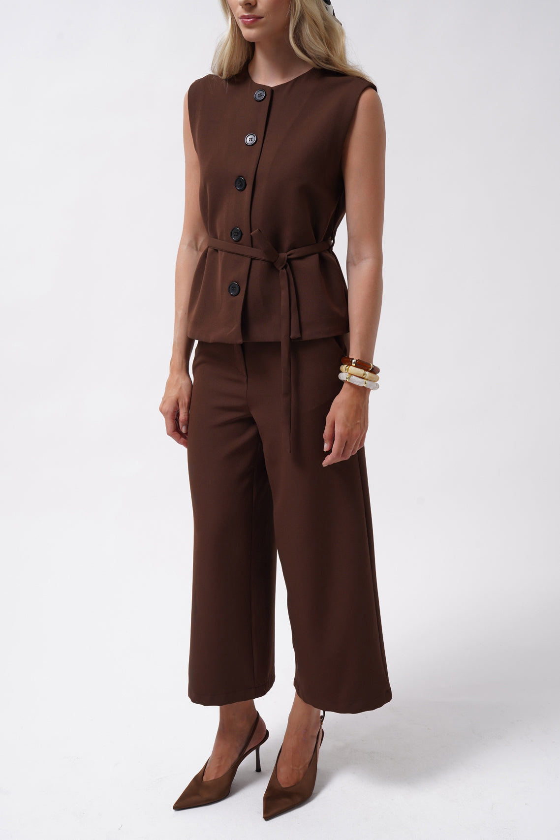 Sash Detail Woven Brown Vest