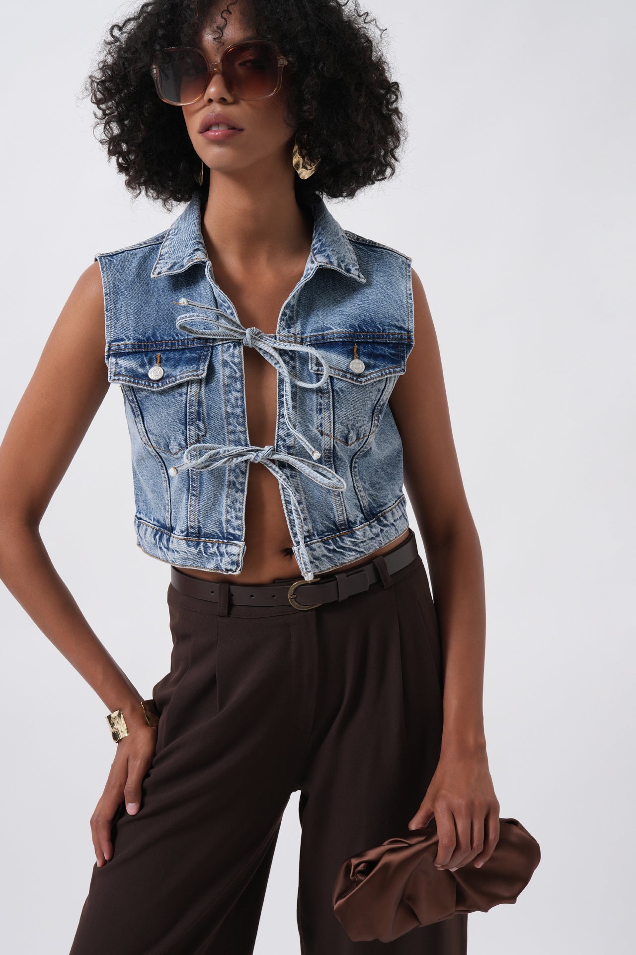 Tie Detail Denim Blue Vest