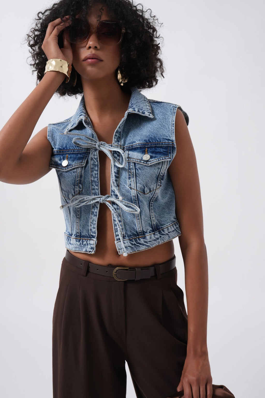 Tie Detail Denim Blue Vest