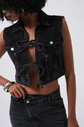 Tie Detail Denim Black Vest