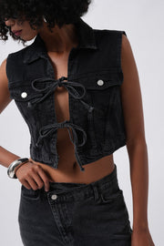 Tie Detail Denim Black Vest
