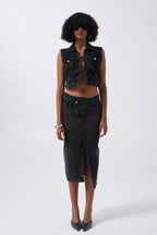 Tie Detail Denim Black Vest