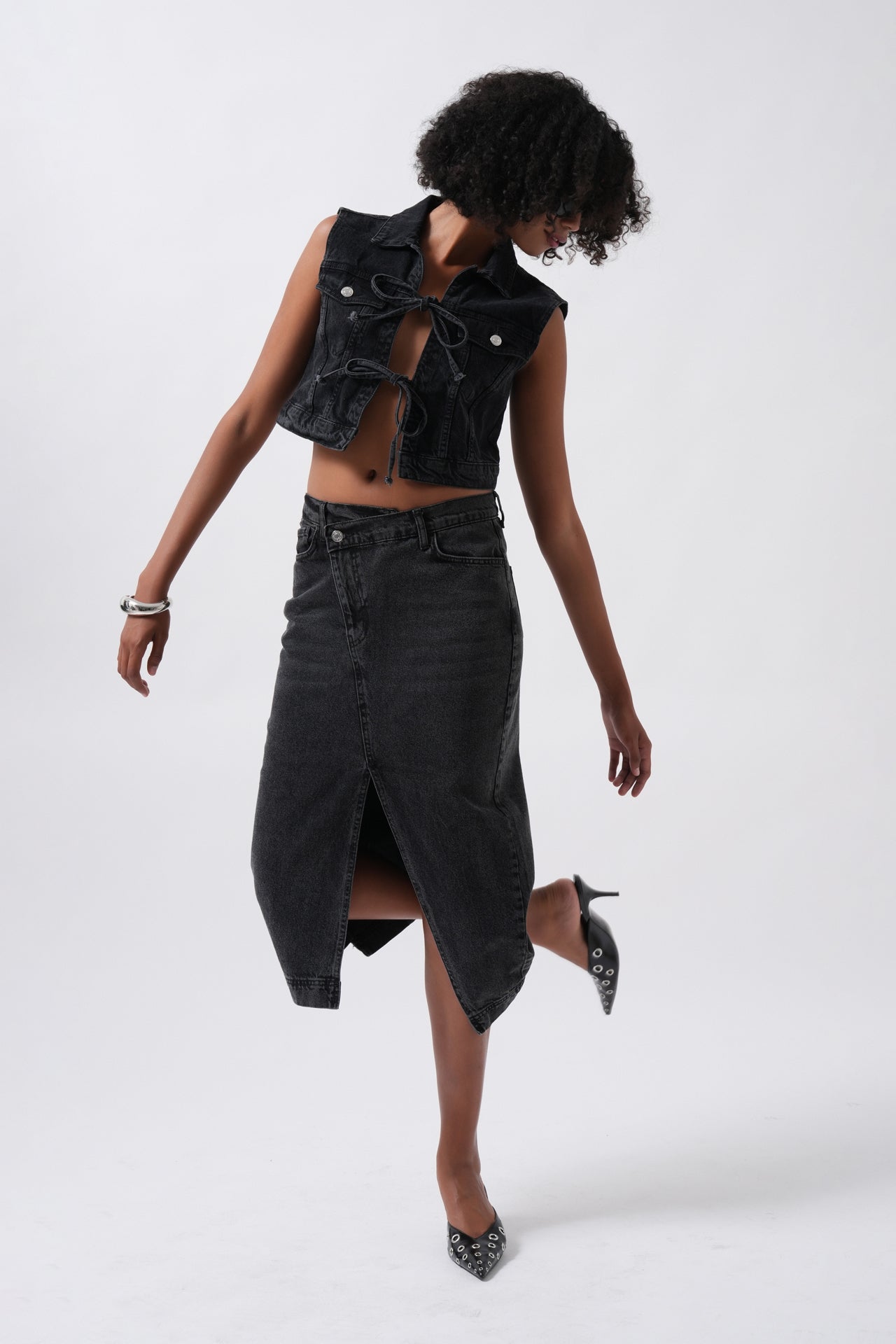 Tie Detail Denim Black Vest