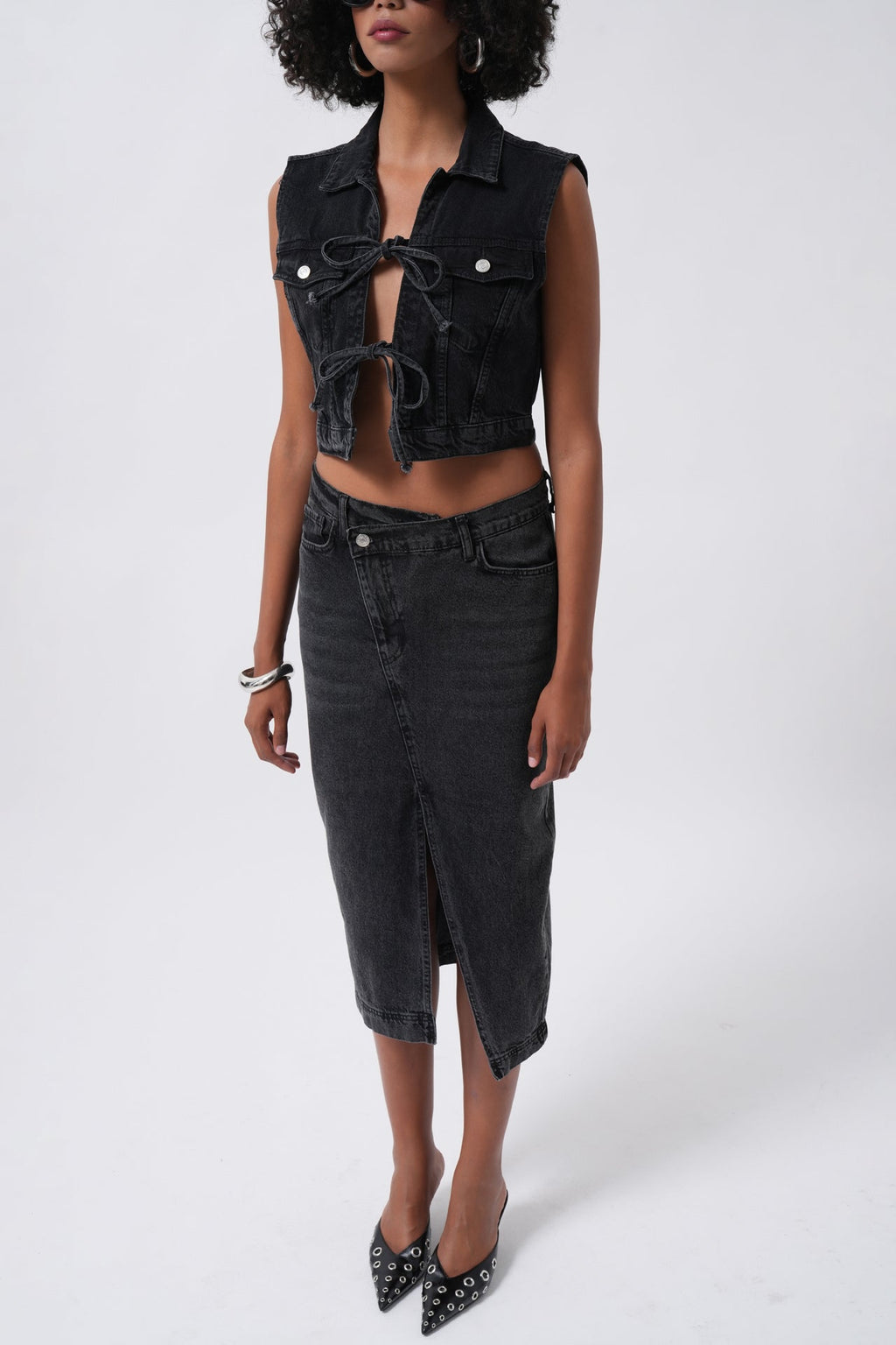 Tie Detail Denim Black Vest