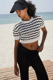 Knit Detail Striped Crop White Black Blouse
