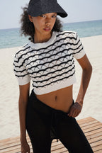 Knit Detail Striped Crop White Black Blouse