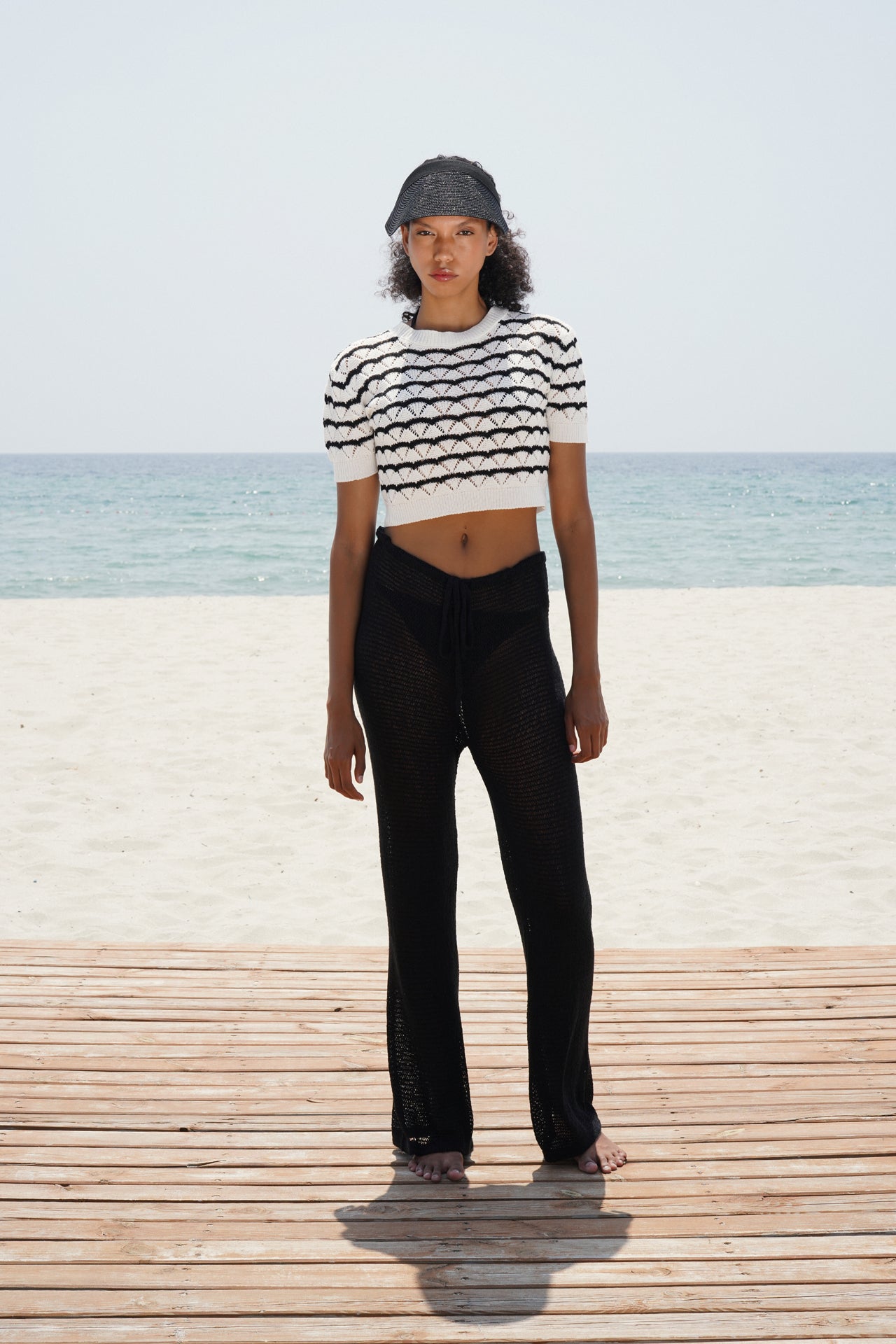 Knit Detail Striped Crop White Black Blouse