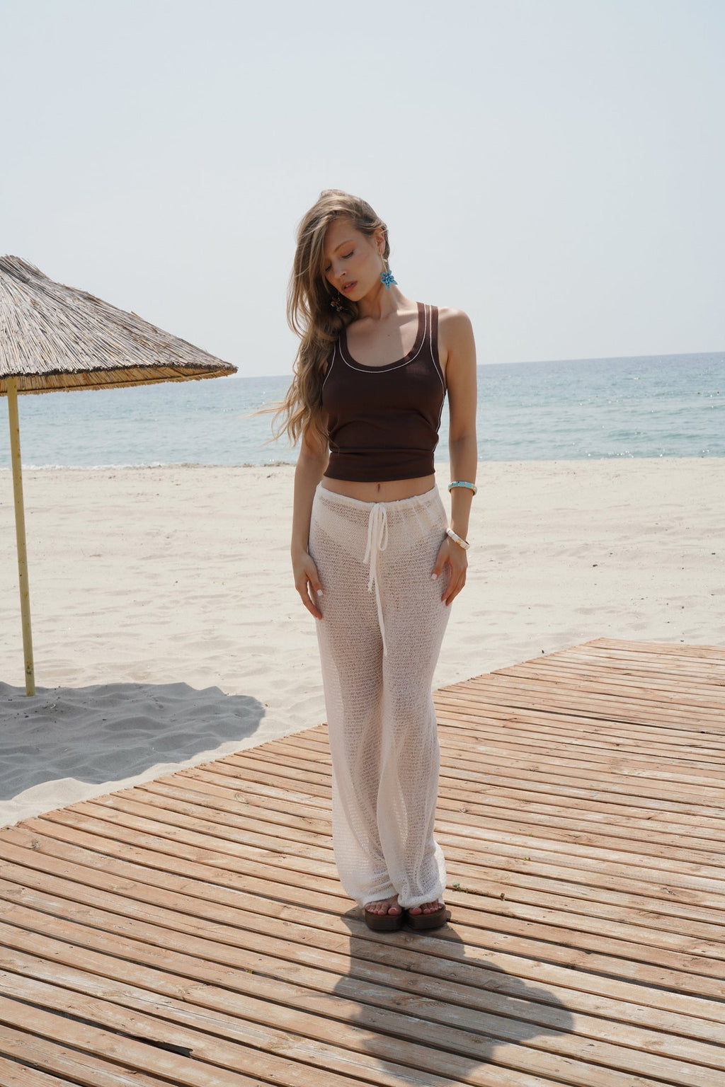 Piping Detail Halter Neck Brown White Blouse