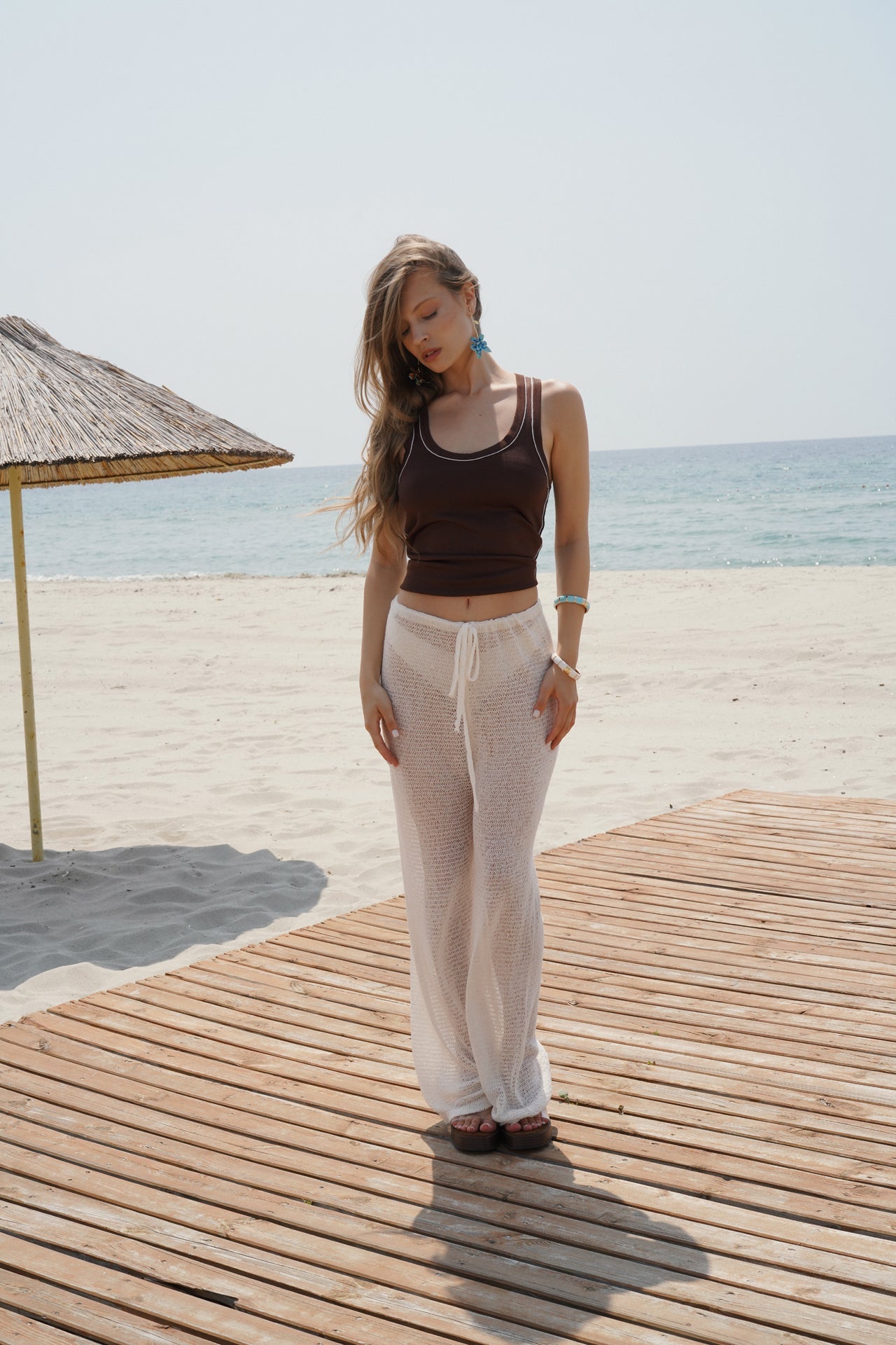 Piping Detail Halter Neck Brown White Blouse