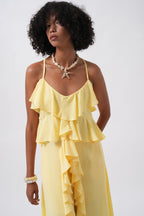 Strappy Ruffle Detail Asymmetric Tulle Yellow Blouse