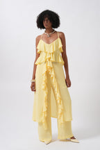 Strappy Ruffle Detail Asymmetric Tulle Yellow Blouse