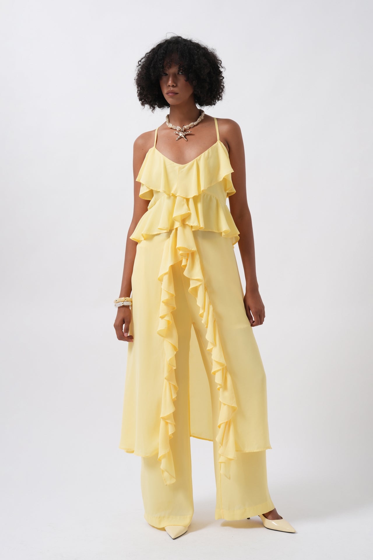 Strappy Ruffle Detail Asymmetric Tulle Yellow Blouse