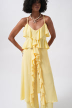 Strappy Ruffle Detail Asymmetric Tulle Yellow Blouse