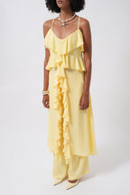 Strappy Ruffle Detail Asymmetric Tulle Yellow Blouse