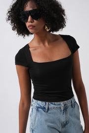 Window Detail Mini Low Cut Black Blouse