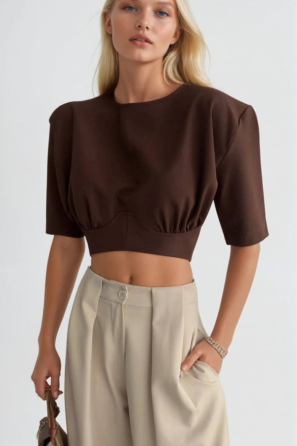Waist-Fitted Crop Brown T-Shirt