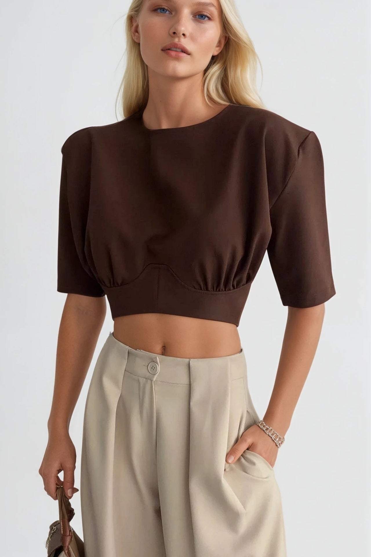 Waist-Fitted Crop Brown T-Shirt