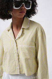 Striped Pocket Detail Crop Yellow Shirt