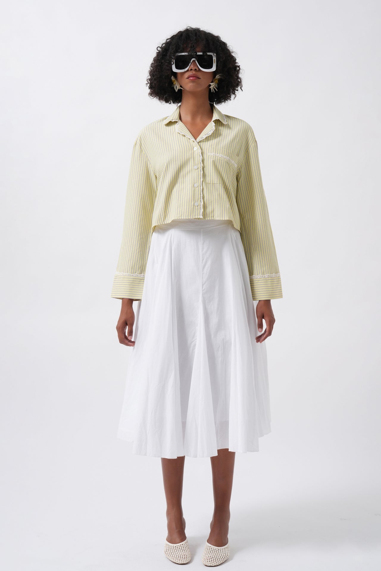 Striped Pocket Detail Crop Yellow Shirt