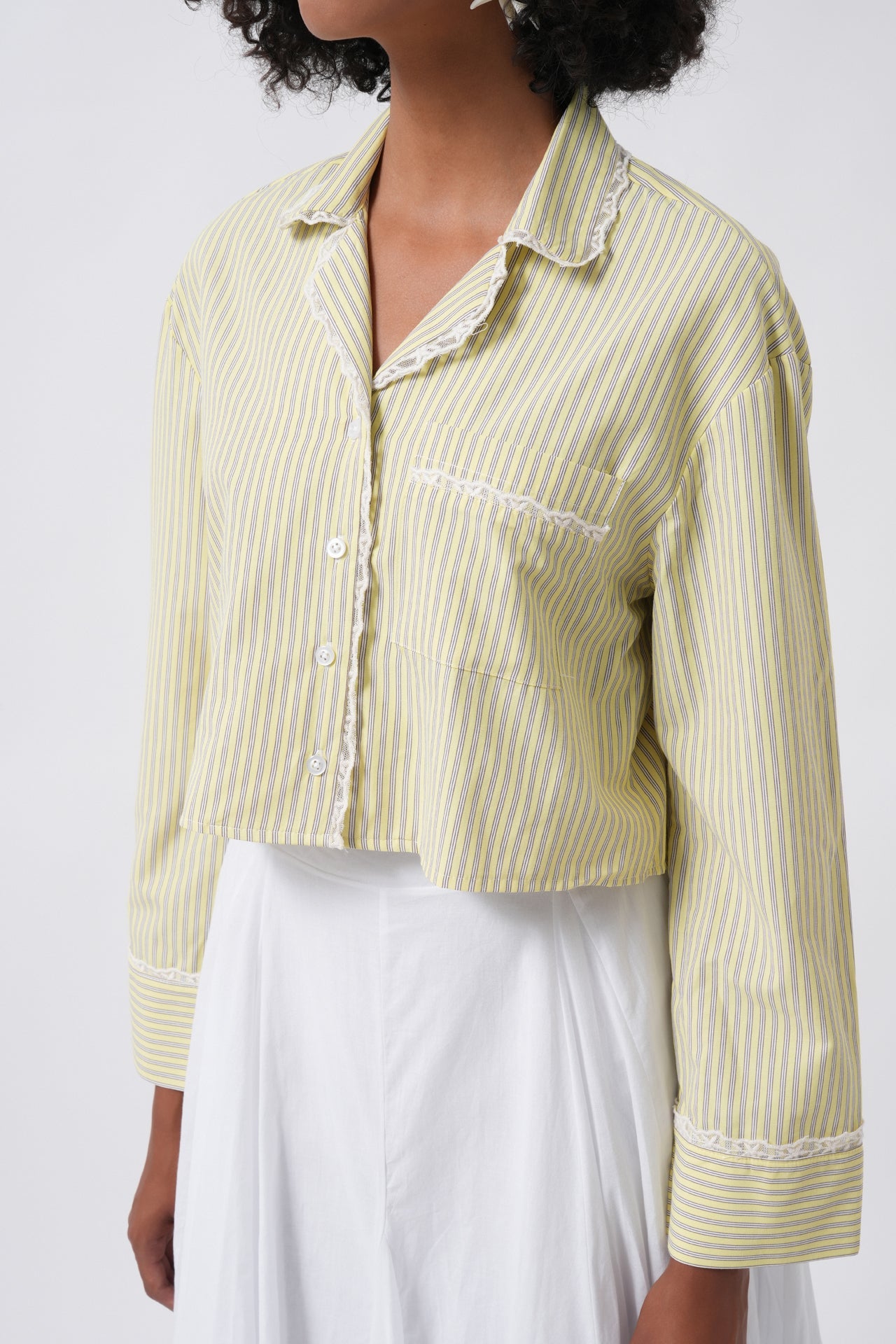 Striped Pocket Detail Crop Yellow Shirt