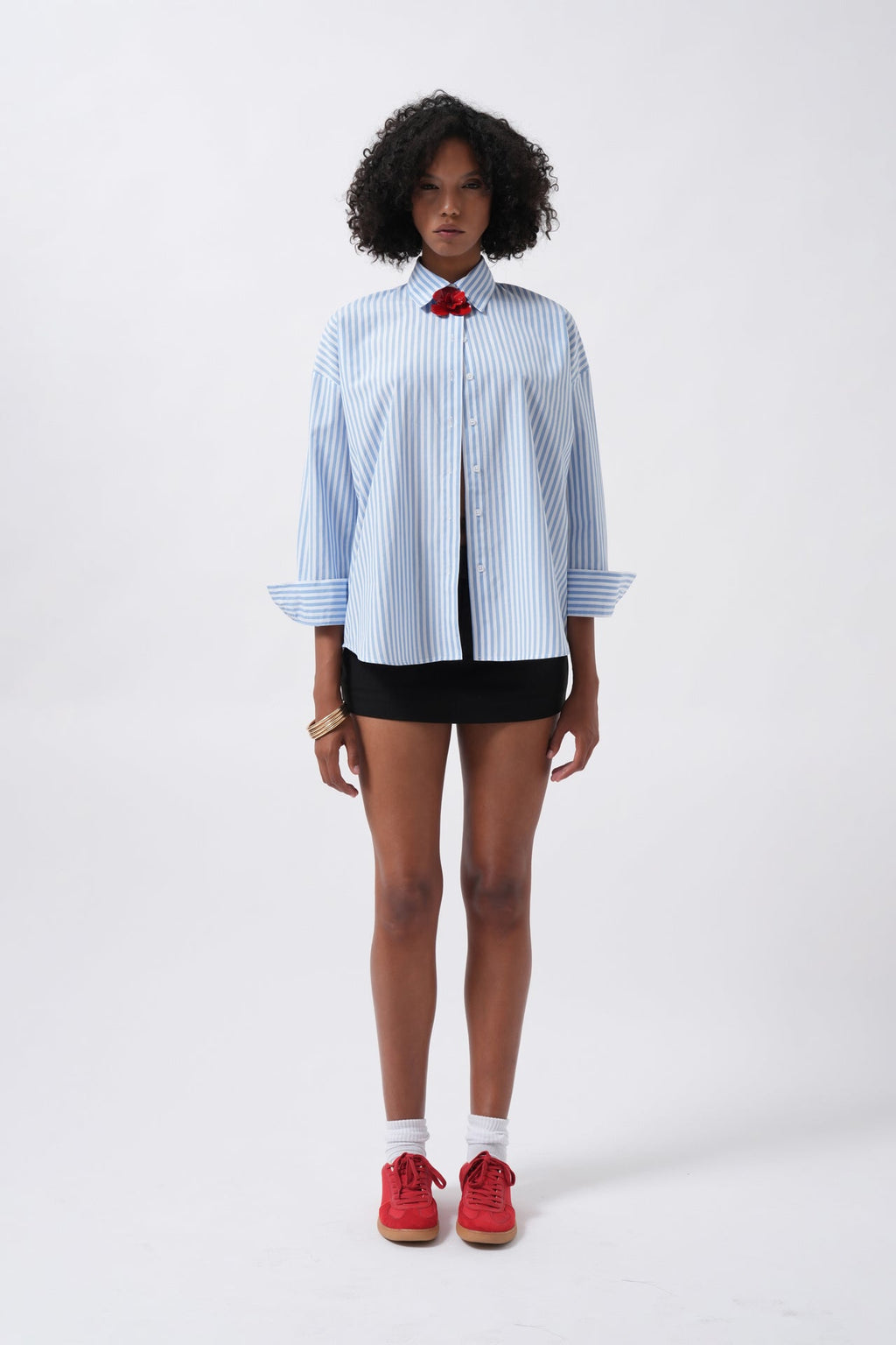 Striped Detail Oversize Blue Shirt