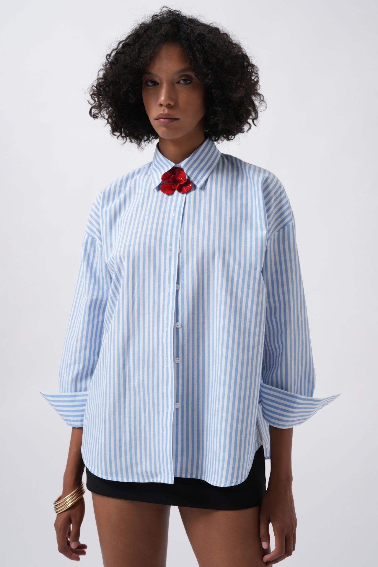 Striped Detail Oversize Blue Shirt