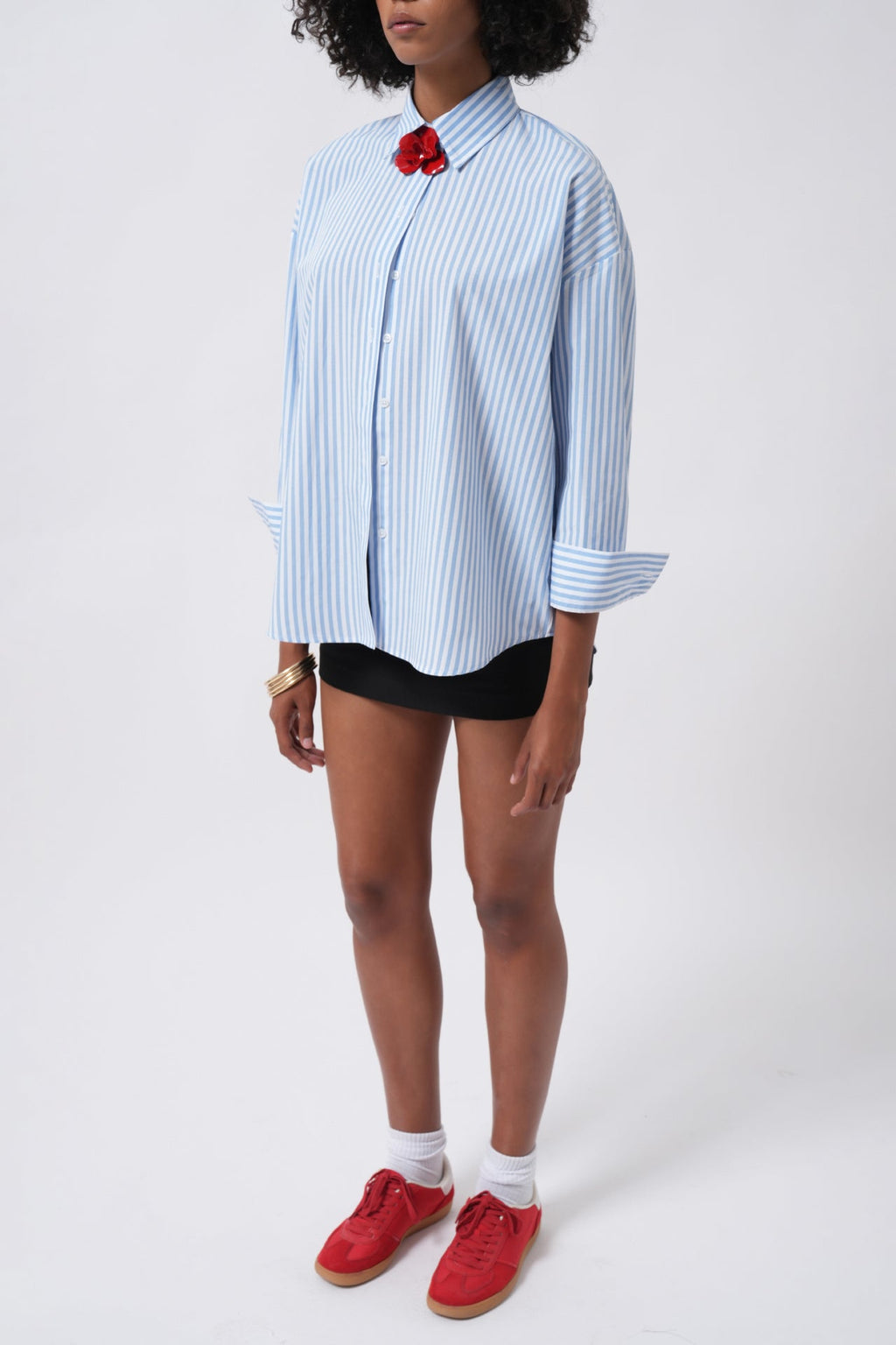 Striped Detail Oversize Blue Shirt