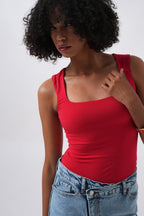 Square Neck Thick Strap Red Bodysuit
