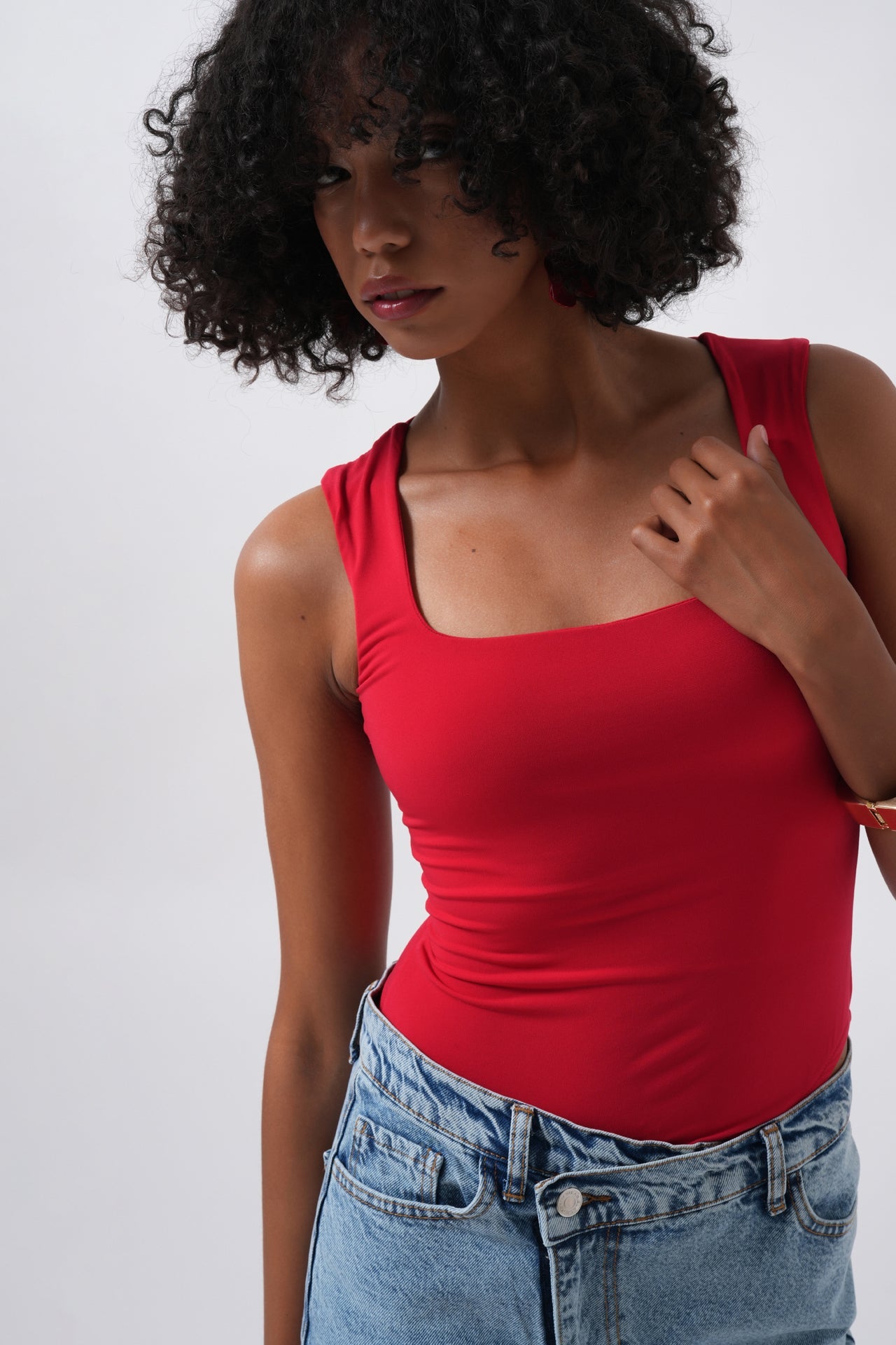 Square Neck Thick Strap Red Bodysuit