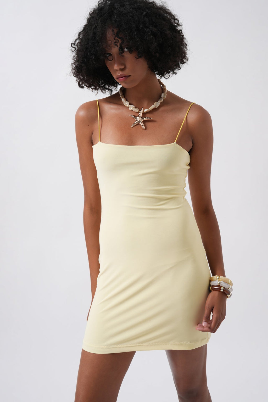 Thin Strap Mini Yellow Dress