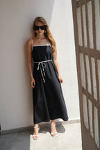 Stripe Detail Linen Maxi Black Dress