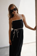 Stripe Detail Linen Maxi Black Dress