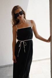 Stripe Detail Linen Maxi Black Dress