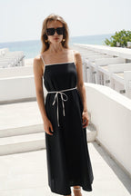 Stripe Detail Linen Maxi Black Dress