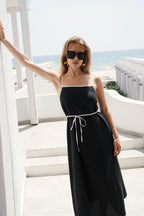 Stripe Detail Linen Maxi Black Dress