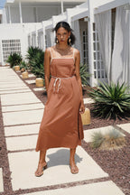 Stripe Detail Linen Maxi Brown Dress