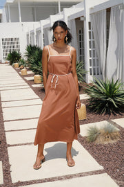 Stripe Detail Linen Maxi Brown Dress