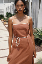 Stripe Detail Linen Maxi Brown Dress