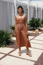 Stripe Detail Linen Maxi Brown Dress