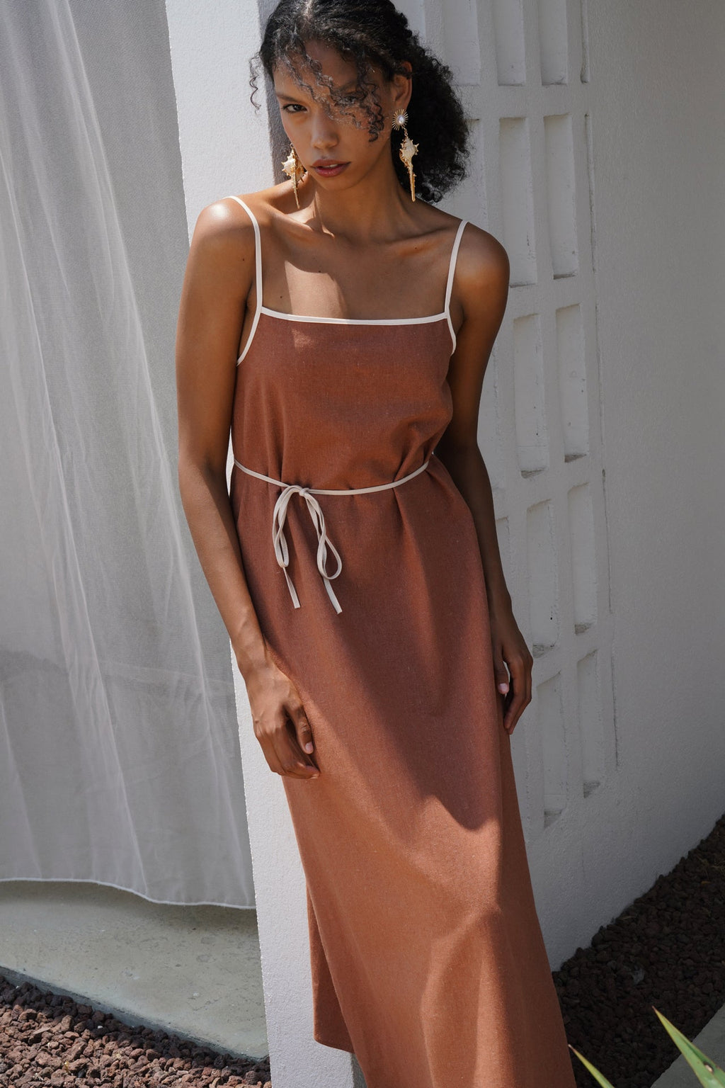Stripe Detail Linen Maxi Brown Dress