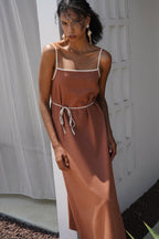 Stripe Detail Linen Maxi Brown Dress