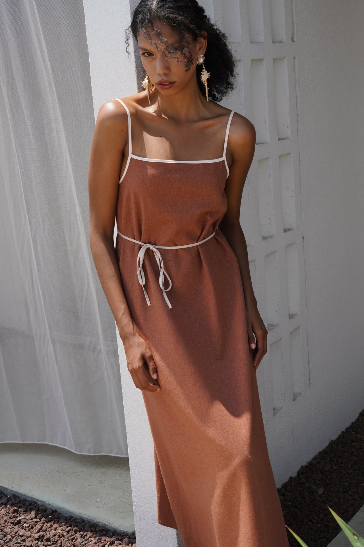 Stripe Detail Linen Maxi Brown Dress