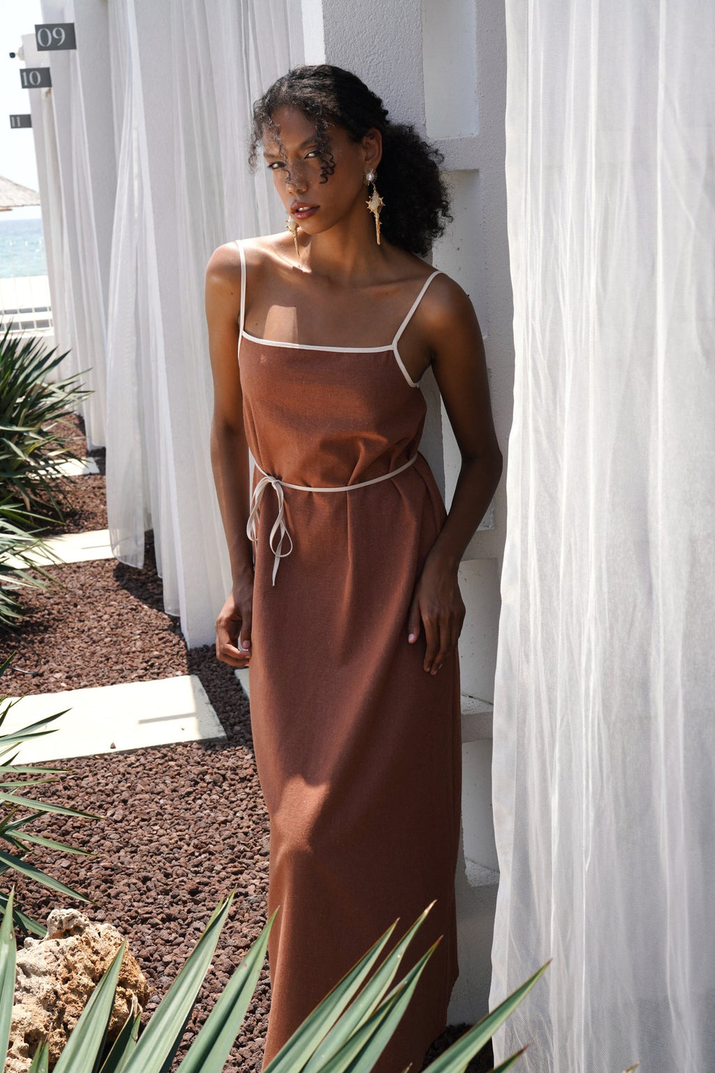 Stripe Detail Linen Maxi Brown Dress